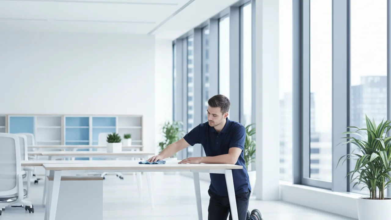 Professionelle Reinigungskraft bei der Büroreinigung